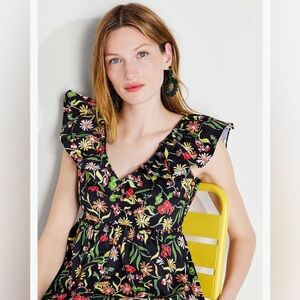 Kate Spade Women’s Rooftop Garden Floral Ruffle Top V-neck Poplin Fabric Size 8